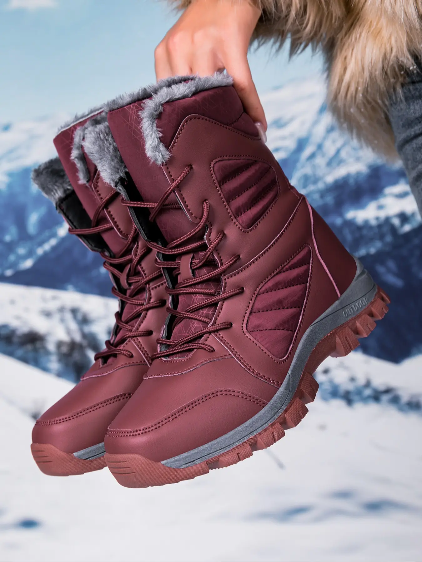 Women's Fashion Outdoor Snow Boots, Lace-Up Thick Sole Anti-Slip Hiking Boots, Windproof Waterproof Fleece Lined Winter Shoes