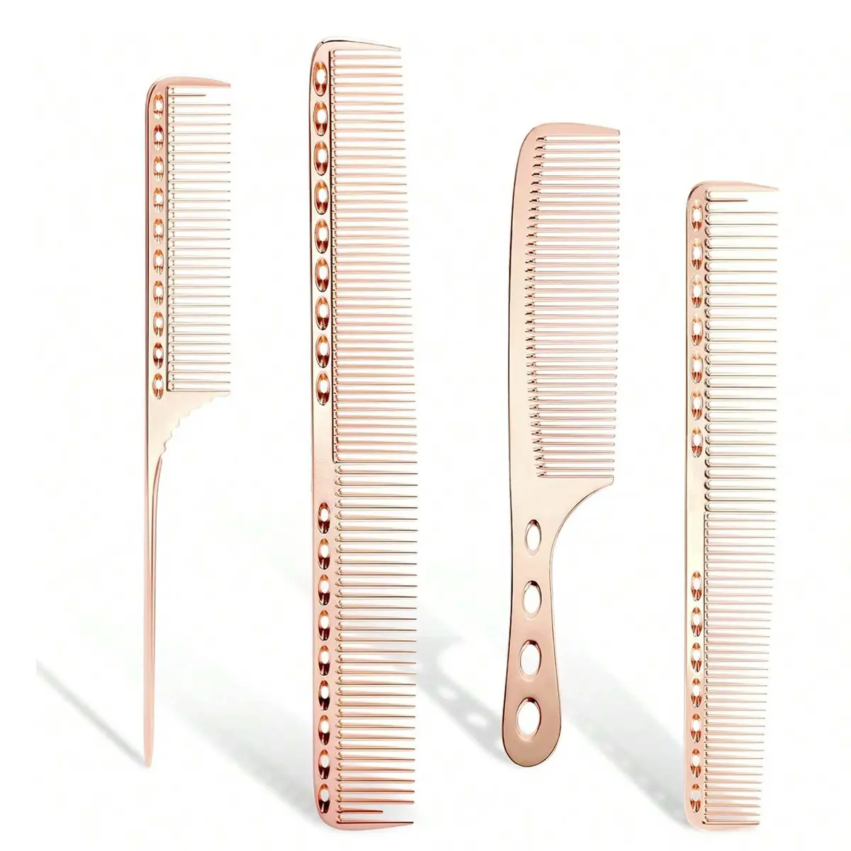 Professional Hair Cutting Comb Set, 4Pcs Rose Gold Metal Barber Styling Combs, Rat Tail Comb for Salon Hair Sectioning & Precision Haircut