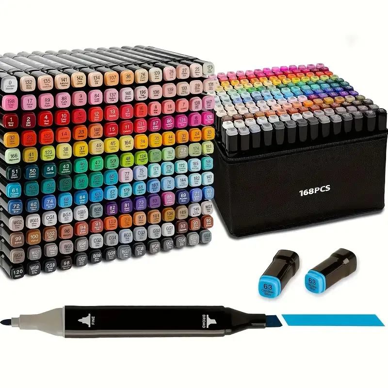 168-Color Double-Head Watercolor Marker Set (including brush head and thin head) - 168-color water-based ink art supplies for painting, sketching, calligraphy, coloring books - professional and amateur artist marker set