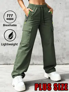 2-pack women’s fashion casual solid-color cargo pants, plus-size thin spring/autumn design with drawstring waist and large patch pockets, suitable for outdoor sports, everyday styling, and more.