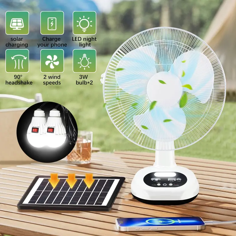 Rechargeable Solar Table Fan with LED Night Light & 2 LED Bulbs, 90° Wide Oscillation, Power Bank Function, Off-Grid Home Emergency Kit, Black Friday Gift