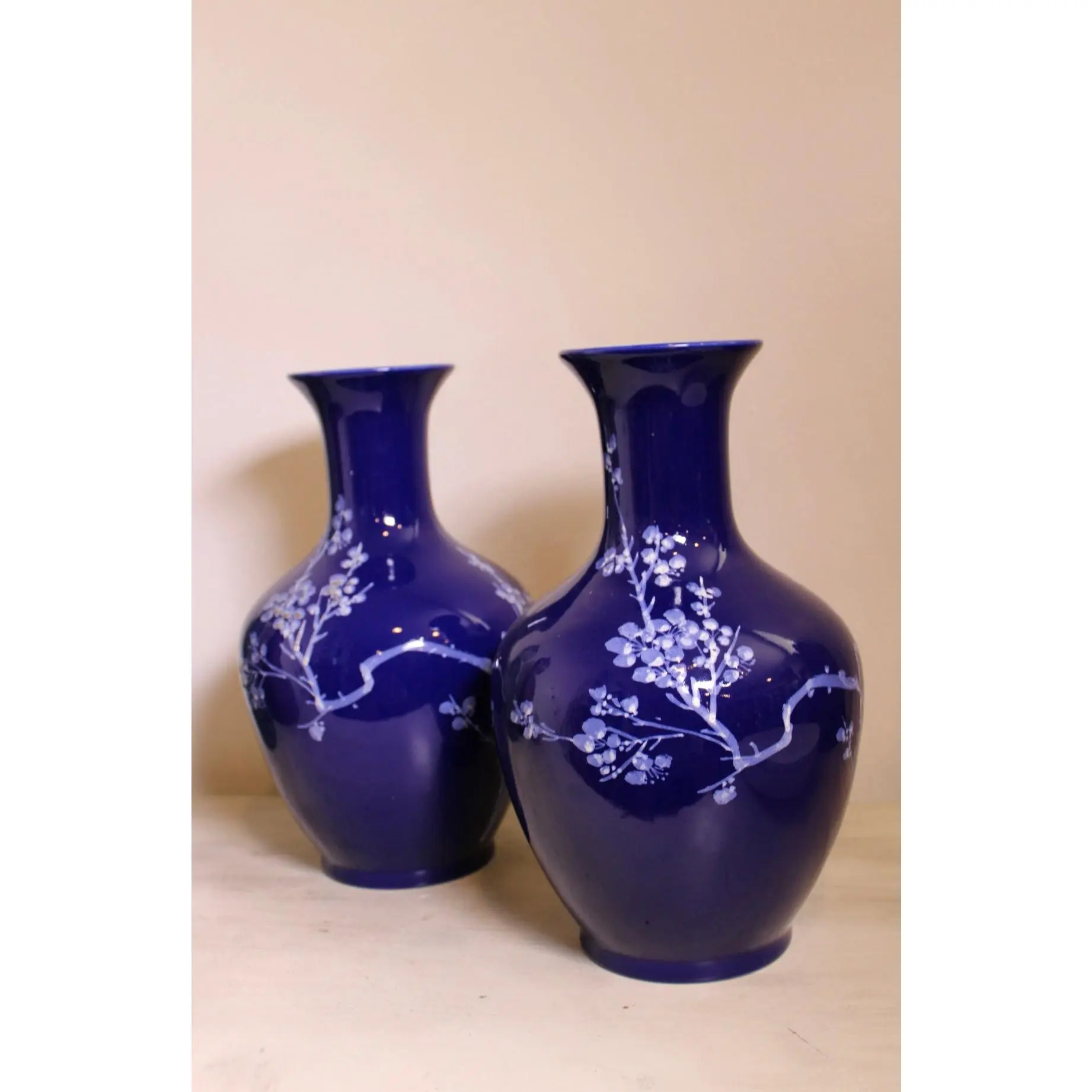 Pair of Vintage Cobalt Blue Prunus Porcelain Vases