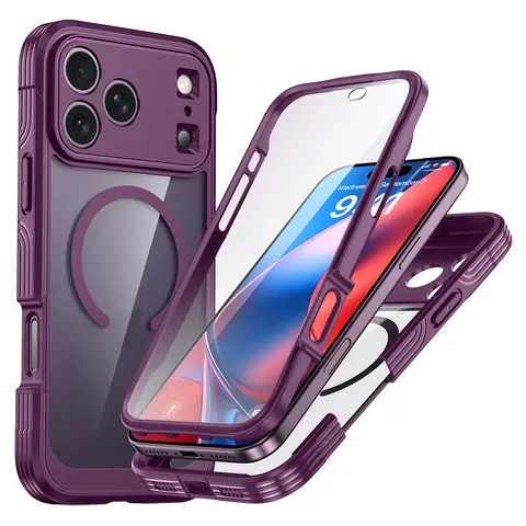 [Free!!Ship!] 360° Rugged Transparent Case for iPhone 18 Pro Max 17 16 15 Plus Magsafe Military Shockproof Cover with HD Screen Protector TPU Clean Phone Bumper