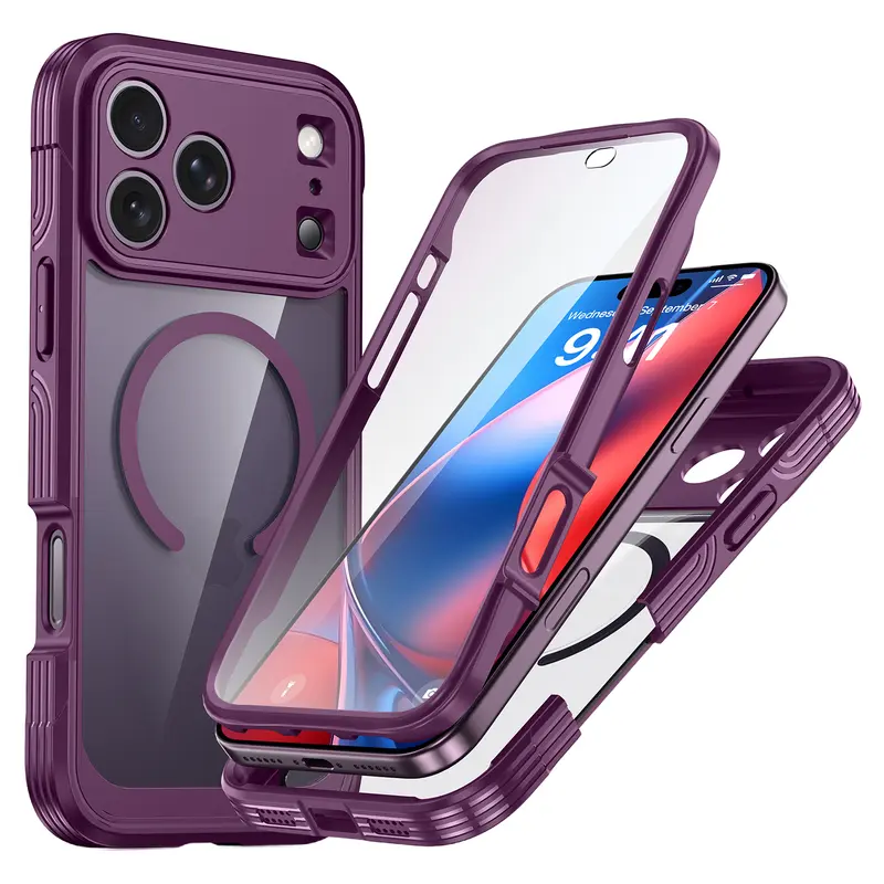 [Free!!Ship!] 360° Rugged Transparent Case for iPhone 18 Pro Max 17 16 15 Plus Magsafe Military Shockproof Cover with HD Screen Protector TPU Clean Phone Bumper