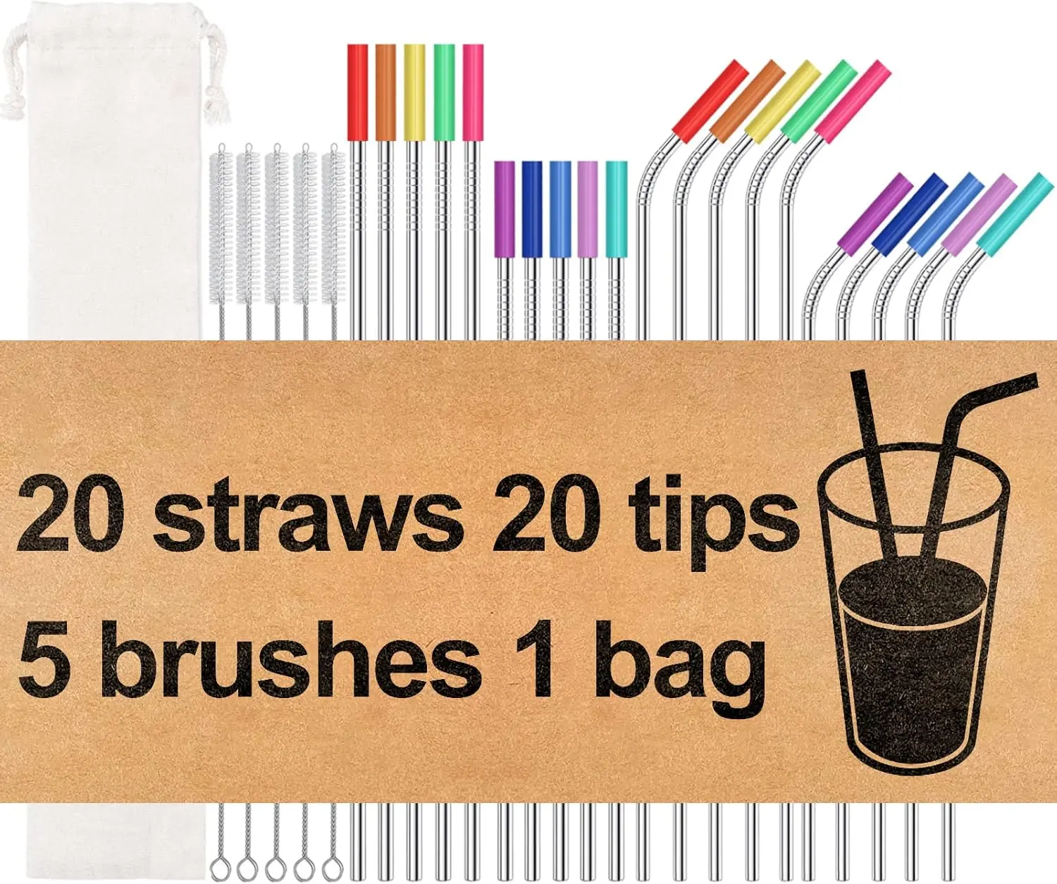 20 Pack  Stainless Steel Metal Straws,10.5" & 8.5"  Drinking Straws with 20  Tips 5 Straw Brushes 1 Travel Case, Extra Long Metal Straw Fit for 20 24 30 oz Tumbler