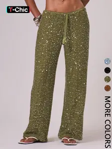 Women's Bohemian Style Beach Pants, Elegant Summer Sequined Long Trousers, Fashionable Holiday Wear, Ladies' Casual Fitted Womenswear