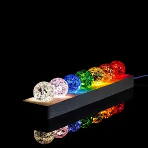7 Colors Ice Cracked Balls with LED Wooden Base 40mm  Sphere Balls Set  Chakra Night Light Decor