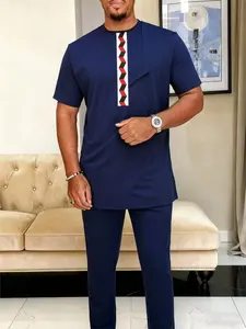 2 piece men's suit Muslim style Modern round neck short sleeve patchwork design Kaftan Kurta African men's casual suit wedding holiday party business Ramadan gift men's traditional clothing