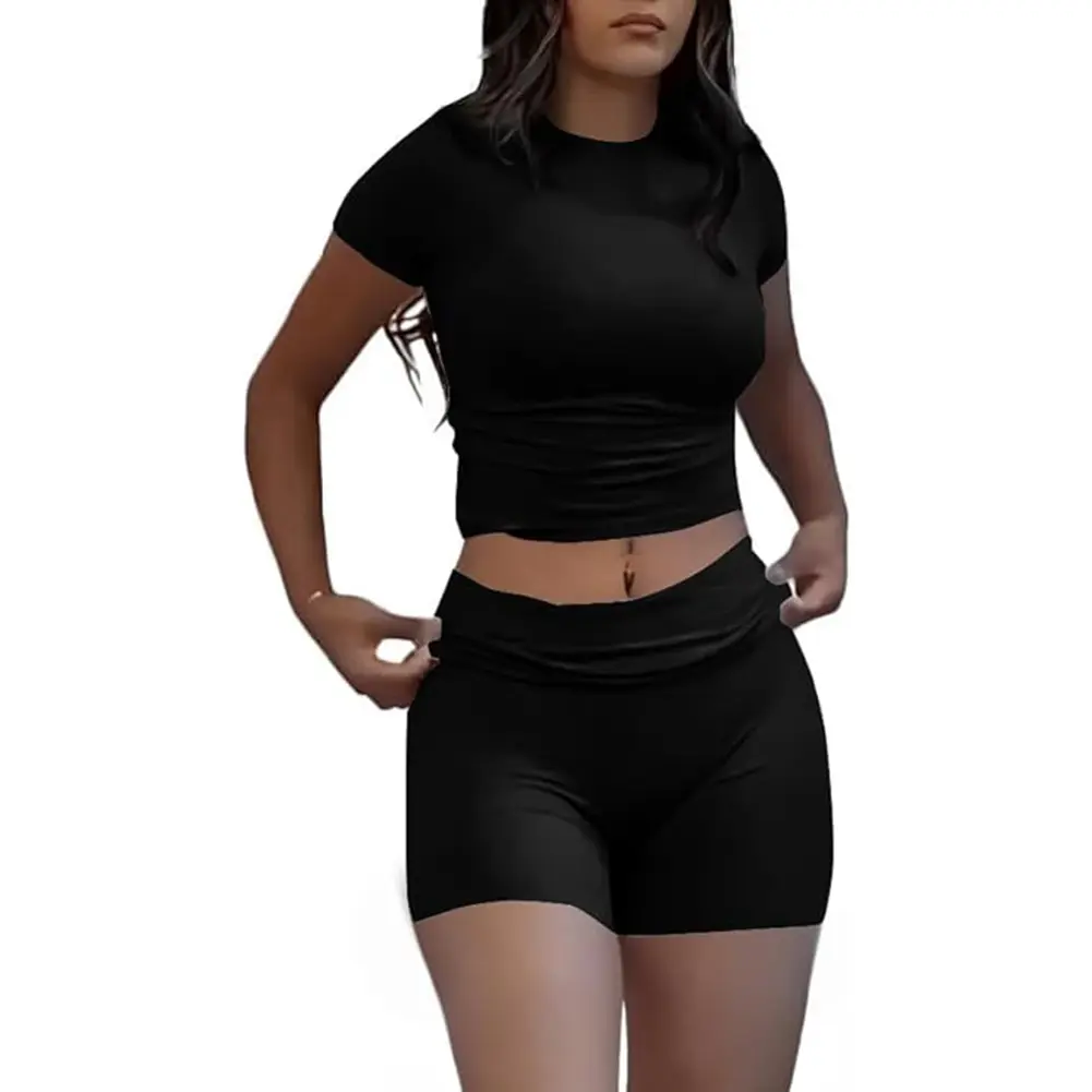 Leisure sports two-piece set, short sleeved high waisted foldable bell bottom pants, shorts, sportswear, streetwear