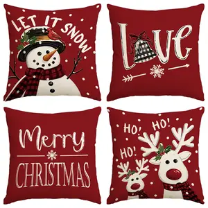 4pcs red Christmas pillow cover, cute snowman bell design sofa cushion cover, cartoon deer single-sided printed pillow cover, zipper closure, for room, bedroom, living room, home sofa decoration, holiday decoration pillowcase (no core) Cushion Slipcovers