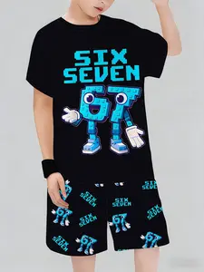 Kids' Blue Block Set Shorts, Pixel Style '67' Cartoon Character, Full Print Design, Casual Fitted, Perfect for Outdoor Wear