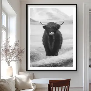 Begin Home Decor C1FM3648WPDQHY 36 x 48 in. Monochrome Highland Cow - Framed Matted Print Wall Art for Home Decor