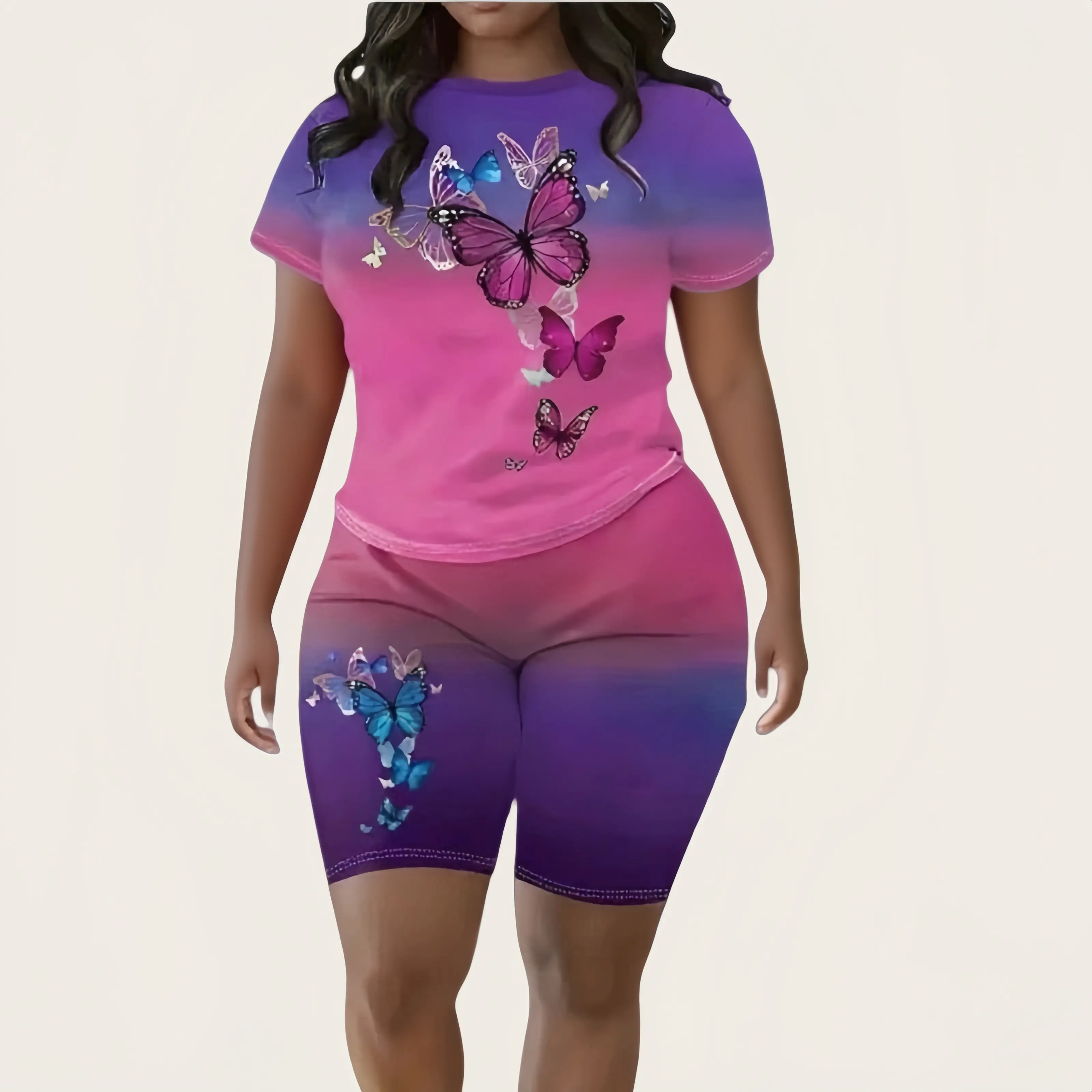 Women's Butterfly Print Ombre Two-piece Set, Crew Neck Short Sleeve T-shirt Top & Shorts Summer Outfits, Ladies gradient suit, Round Neck with Pocket Biker, Sweat Suit, Women's Clothing