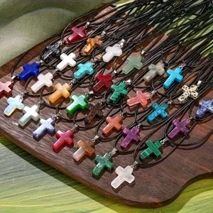 Natural Stone & Chakra Cross Pendant Design Set (20pcs) - Quartz Gemstone Necklaces with Black Leather Cord, for Jewelry Making, Spiritual Gifting or Personal Wear(10 Pendants + 10 Necklace）