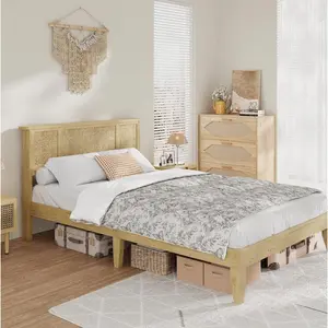 Queen Bed Frame with Natural Rattan Headboard Sturdy Wooden Slats Metal Platform Boho Cane Mattress Support No Box Spring Needed Stylish and Robust Bedroom Furniture