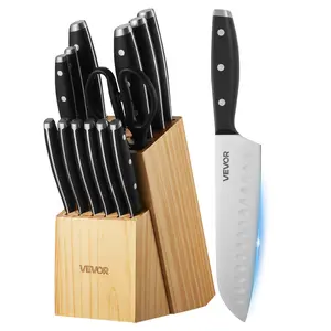 【DealsForYouDays】VEVOR 15-Piece Durable High Carbon Stainless Steel Knives Kitchen Set with Blades, Steak Knives, Ergonomic Handles, Sharpening Rod, Sharpener, Kitchen Scissors & Premium Wooden Block for Home Cooks