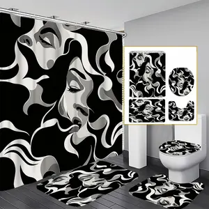 1/3/4PCS Abstract Women Face Shower Curtain Set, 1/3/4pcs, 71x71 Inches, Includes Background Pattern & 12 Hooks