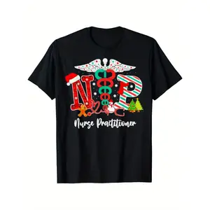 Menswear Round Neck Short-Sleeve Festive Nurse Practitioner Christmas T-Shirt - Unisex Loose Fit 100% Black, Holiday Graphic NP Design, Medical-Themed Xmas Tree & Symbols, Casual All-Season Wear for Healthcare Pros (Sizes S-XXXL)