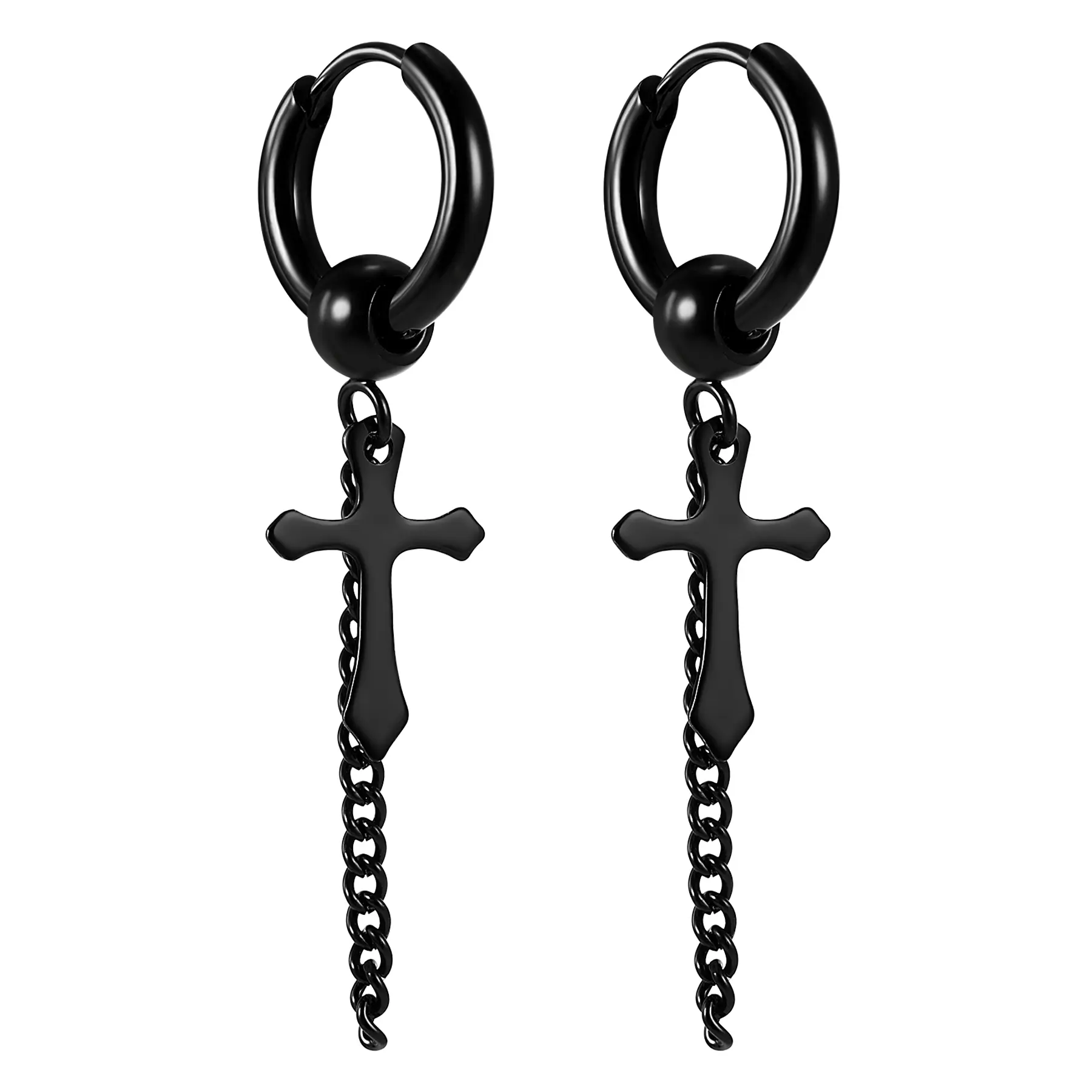 OIDEA Cross Tassel Chain Hoop Earrings, Anti-Rust Stainless Steel Solid Metal Hip-Hop Rockstar Cross Crucifix Drop Earrings, Hypoallergenic Black for Men, Anti-Rust Steel Earrings, Cross Crucifix Earrings