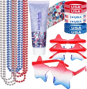 USA Patriotic 4th of July Party Accessories Set - Red White and Blue Face Body Glitter Gel, 9-Piece Necklaces, 3-Pair Star Sunglasses, 6-Piece Rubber Bracelets for Women, Kids