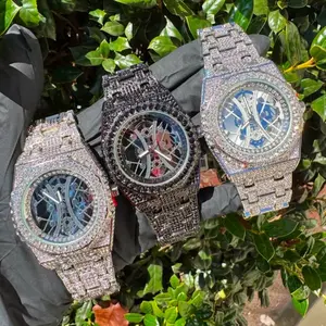 Iced Out White Gold Plated Luxury Statement 44MM Skeleton Dial Men's Bling Watch with Elegant Design and Unique Style