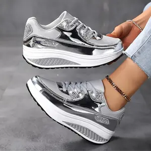 Women's Shiny Silver Glitter Platform Wedge Sneakers with Reflective Detail, Outdoor Walking Shoes Runner Trainer