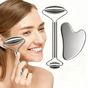 Face Roller and Gua Sha, Stainless Steel Daily Firming Smooth Facial Roller and Guasha Tool for Face, Skin Care Roller for Wrinkles and Lifting, Improve Puffiness, Metal Face Massager for Eyes, Neck Tighten