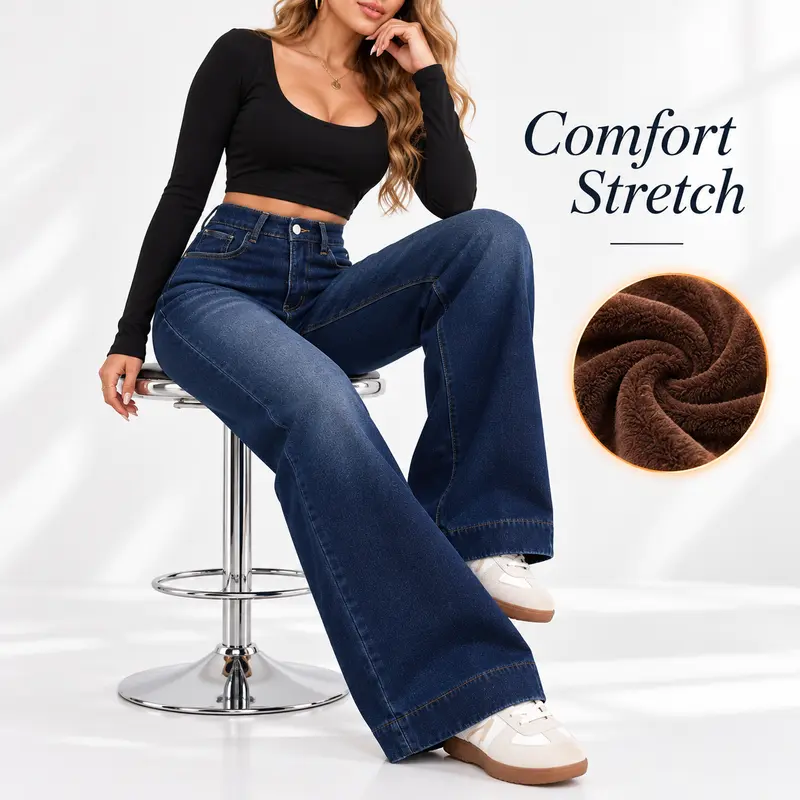 Women’s High-Waist Wide-Leg Fleece-Lined Denim Pants - Everyday Streetwear, Warm Thermal Casual Full-Length Loose Bottoms with Pockets for Fall Winter Cold Weather Outfits