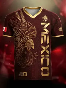 Mexico Gold Eagle Aztec Warrior Heritage Soccer Jersey, Fitted Casual Long Sleeve Design, All over Print for All Seasons