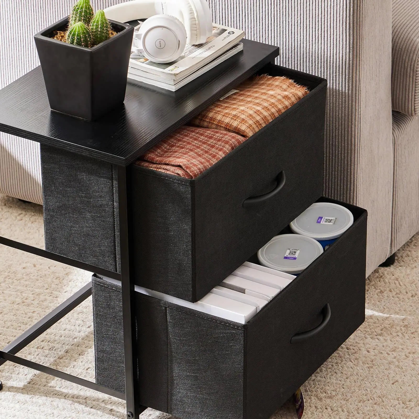 Nightstand with Drawer, 2 Drawers Dresser for Bedroom, Small Night Stand and Dressers Sets with 2 Fabric Drawers, End Table with Drawer for Living Room - Black Wood Veins