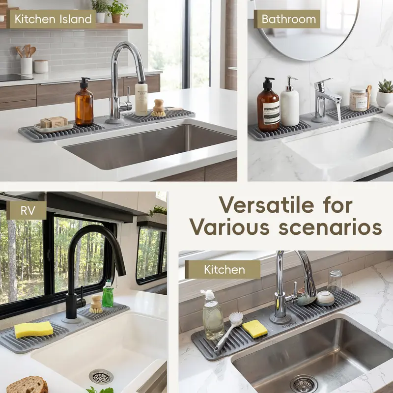 Cuttable Adjustable Silicone Faucet Splash GuardMat, Auto-Drain Quick ...