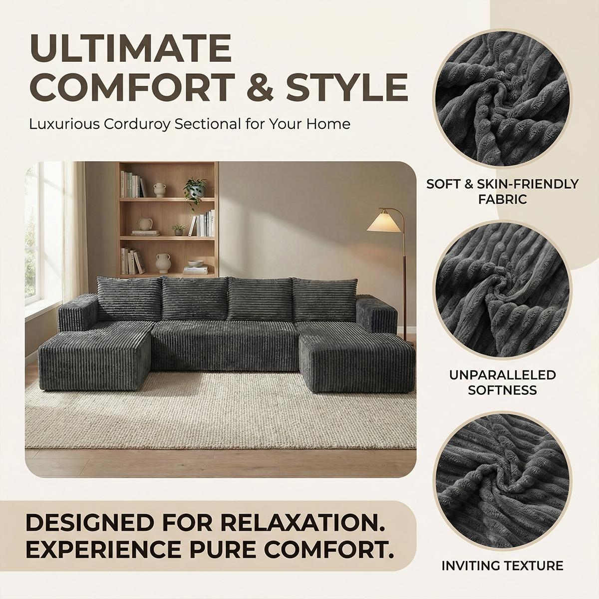 Oversized U-shaped boneless sofa with modular design for free combination, providing a deep sense of coverage and comfortable cloud corduroy fabric; Modern minimalism, no need for assembly; Suitable for living rooms, bedrooms, and other occasions