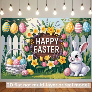 Summervibes 1PC Flat 2D-Type Polyester Happy Easter Backdrop Banner, Cartoon Rabbit-Easter Eggs-Flowers Decor Cloth, Event Backdrop for Festival Party Photography, Family Gathering Supplies (Birthday Compatible)