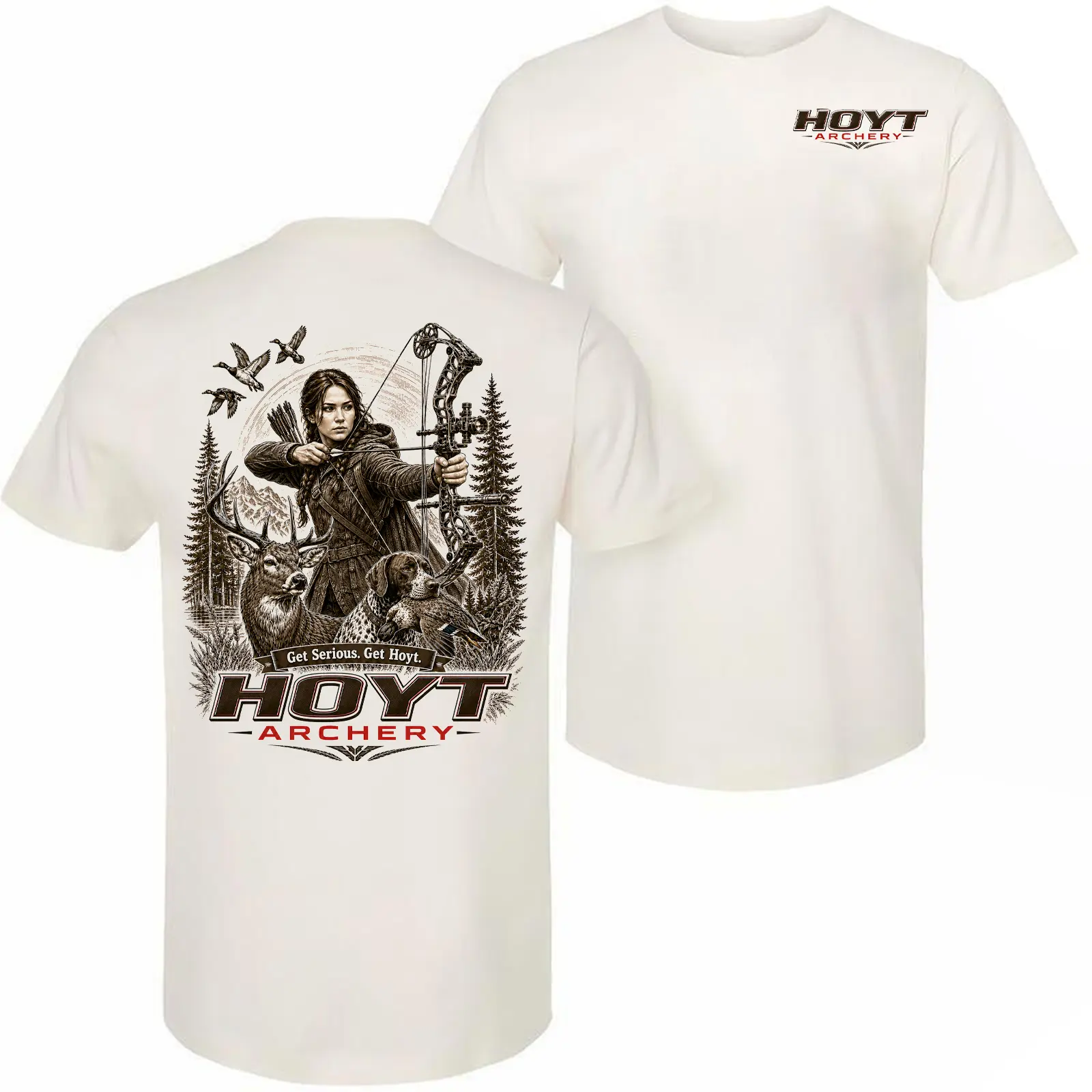 Hoyt Archery Female Bowhunter T-Shirt, Deer Hunting Dog Compound Bow Front & Back Graphic Tee, Vintage Outdoor Hunter Gift