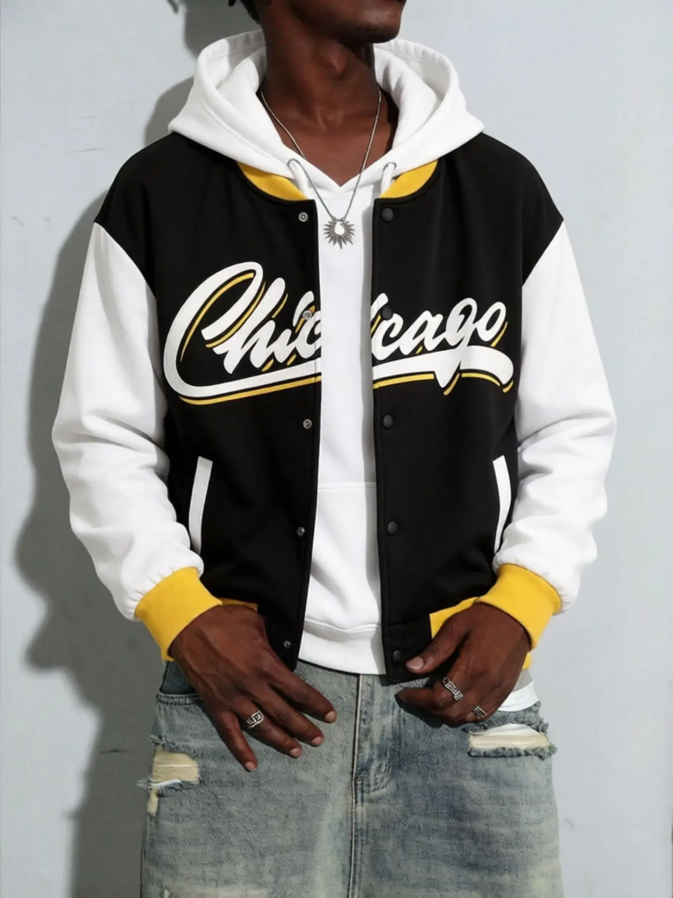 Chicago Lightman Team Jacket with Hood, Three-Color Patchwork Baseball Coat, Unisex Loose Streetwear, Z Generation Hip-Hop Outerwear