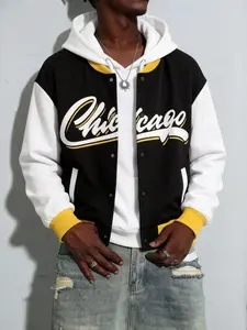 Chicago Lightman Team Jacket with Hood, Three-Color Patchwork Baseball Coat, Unisex Loose Streetwear, Z Generation Hip-Hop Outerwear