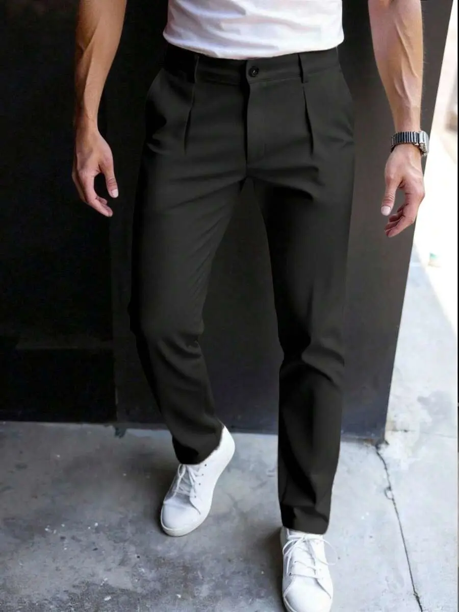 Woozie Men's Black Summer Casual Pleated Pants With Belt Loops High Waisted Slim Fit Slacks For Church & Semi-Formal Wear