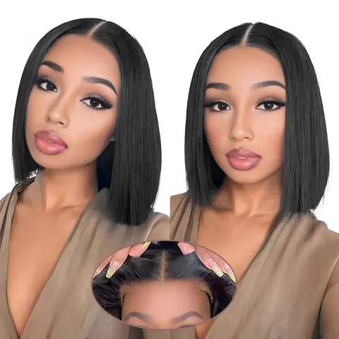 Glueless 4x7 Lace Human Hair Wig - YMSGIRL Straight Short Bob, Pre-Cut & Pre-Plucked, Undetectable Natural Look, Comfortable To Wear, Can Be Styling