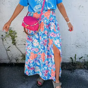 Sky Blue Floral Printed High Waist Split Wrap Long Skirt