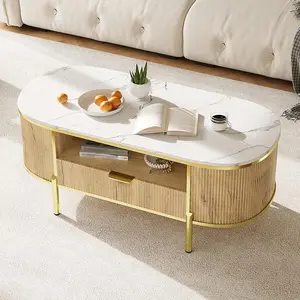 Modern Oval Coffee Table with Storage Organizer, 48" Wood Fluted Center Table for Living Room Office, Coffee Tables with Drawer, Shelf, Faux Marble Top, Curved Profile Design