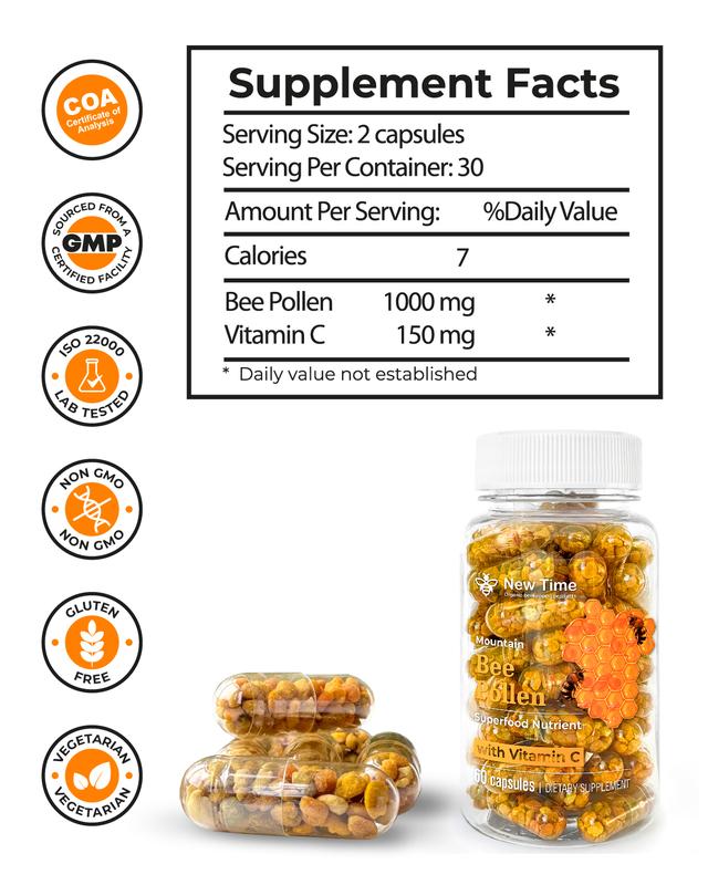 Organic Bee Pollen Supplement with Vitamin C - 60 Veggie Capsules, Fermented Multivitamin, Probiotic Superfood for Immune Support and Energy Boost