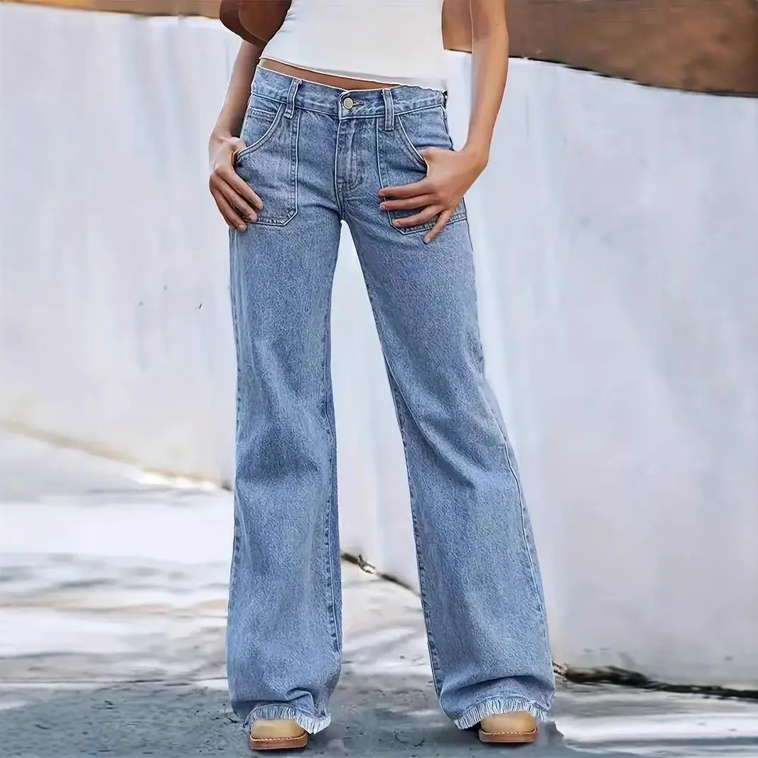 Spring Summer New Vintage Frayed Hem Wide Leg Jeans Loose Large Pocket Denim Pants Women