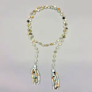 Rosary Style Genuine Amazonite Wire Wrapping Open Lariat Necklace with Tassel
