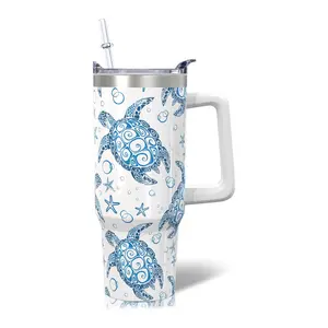 Stainless Steel Sea Turtle 40oz Tumbler with Handle, Ocean Insulated Travel Cup for Women's Gifts