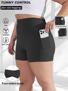 Women's Plus Size Solid Color High Waist Tight Shorts, Sports Yoga Shorts, Abdominal Control, Side Pockets, Comfortable Fashion, Perfect for Casual Wear