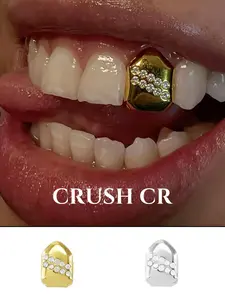 CRUSH CR 18K Gold Plated Shield-Shaped Iced Out Single Gap Tooth Grillz Paved with CZ Stones in Gold/Silver Options Perfect for Daily Commutes Hip Hop Concerts Club Nights Edgy Streetwear Fits Brunch Dates Y2K Aesthetic Outfits Special Occasions Hangou