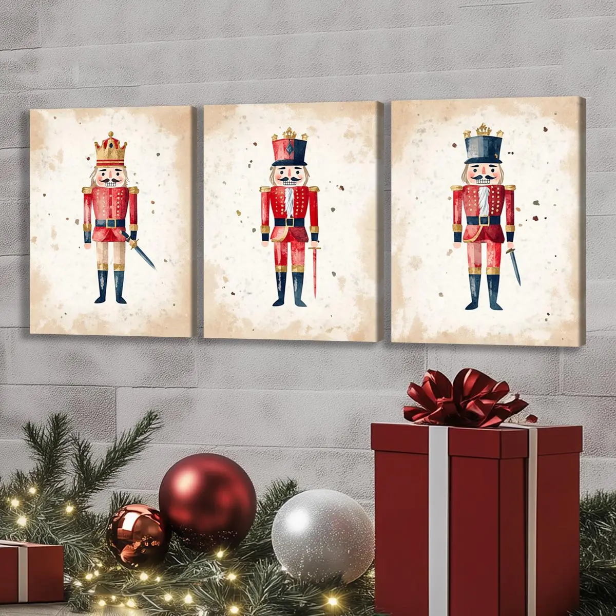 Vintage Nutcrackers Pattern Framed Canvas Painting, 3 Counts/set Christmas Wall Art, Wall Decor for Home Living Room Bedroom Office