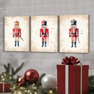 Vintage Nutcrackers Pattern Framed Canvas Painting, 3 Counts/set Christmas Wall Art, Wall Decor for Home Living Room Bedroom Office