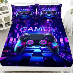 3-Piece Game Controller Print Bedding Set, Soft Fashionable Bedroom or Guest Room Quilt Cover - Includes 1 Fitted Sheet + 2 Pillowcases, Bed Sheet Sets