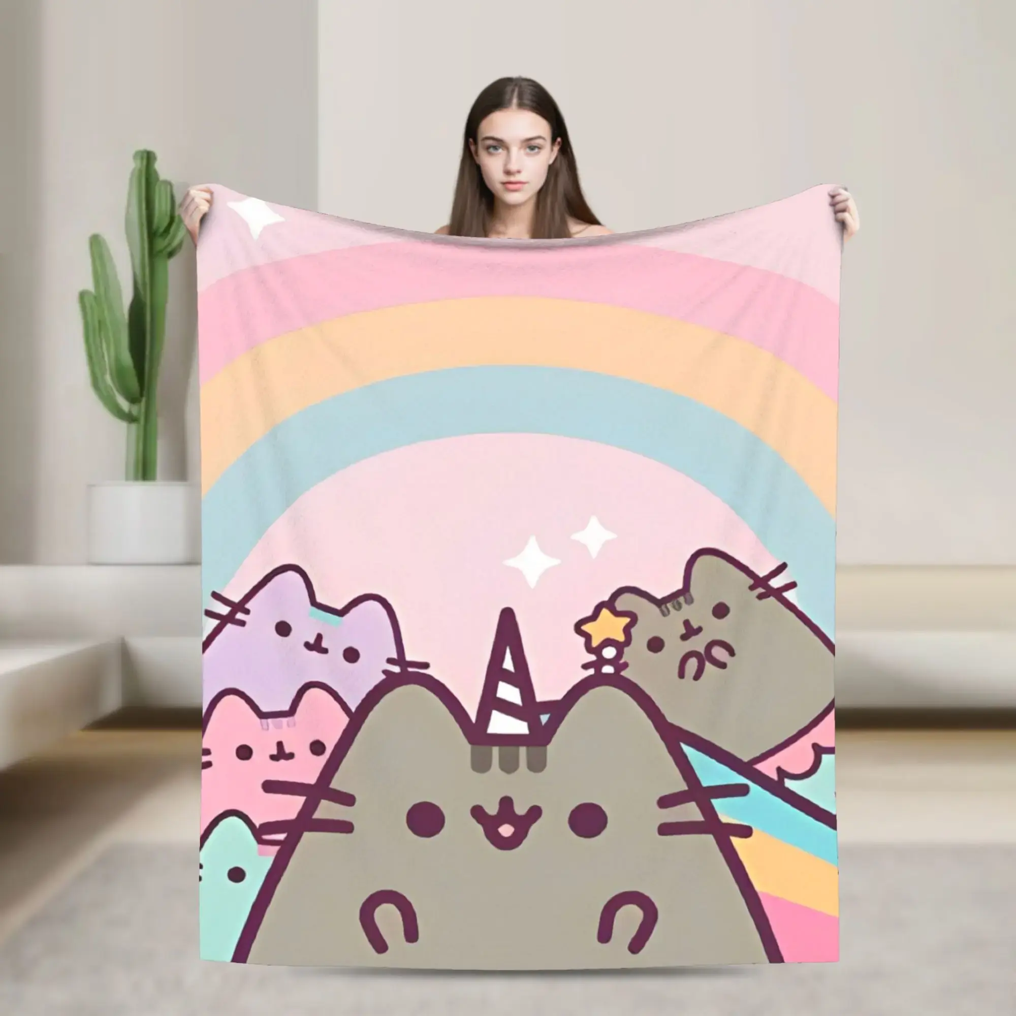 Pusheen Official Flannel Blanket Cartoon Cat Design Soft Plush Large Size Throw Blanket Cute Kawaii Cat Print Machine Washable Durable All Season Cozy Blanket for Sofa Bed Couch Bedroom Home Bedding Comfort